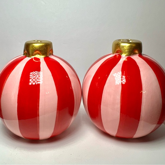 Ceramic Christmas Pink & Red Stripes Ball Ornament Salt & Pepper Shakers - Picture 8 of 8